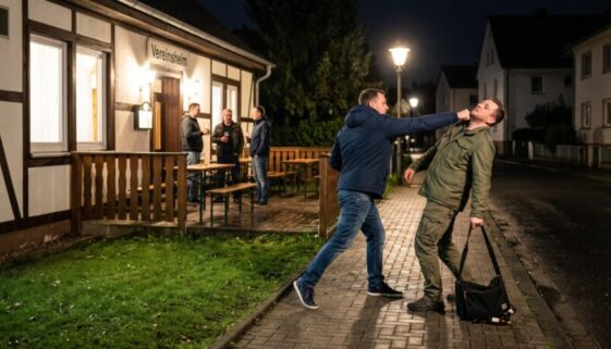 Faustschlag gegen Passanten auf Gehweg vor Vereinsheim, drei Männer abseits auf Terrasse bei Nacht