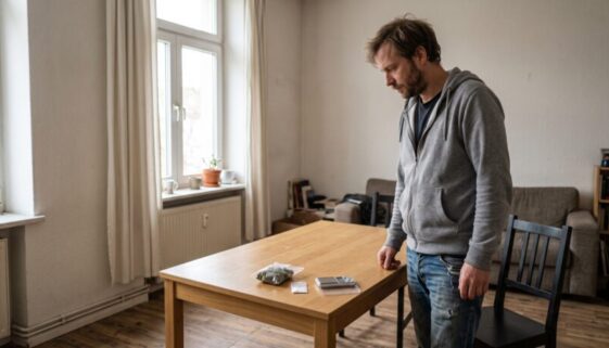 Mann neben Holztisch mit Cannabisbeutel, Pulverbeutel und Feinwaage in schlichtem Wohnzimmer