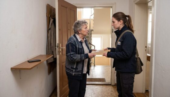 Ältere Frau und junge Abholerin reichen sich gemeinsam einen Umschlag im Flur einer Wohnungstür. Smartphone auf Ablage sichtb