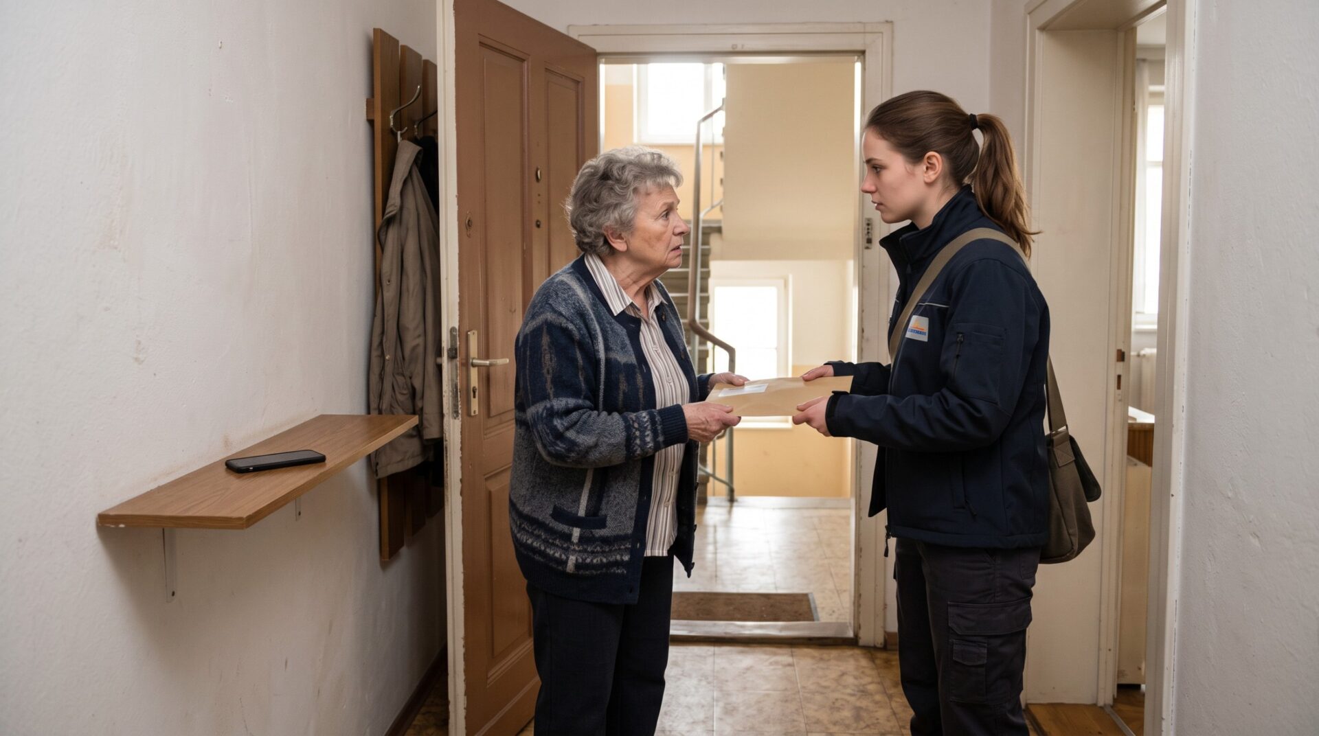 Ältere Frau und junge Abholerin reichen sich gemeinsam einen Umschlag im Flur einer Wohnungstür. Smartphone auf Ablage sichtb