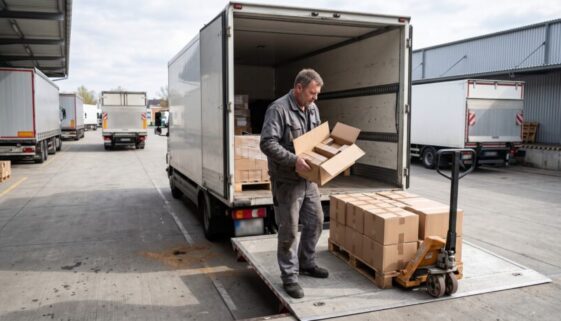 Arbeiter mit offenem Karton voller Zigarettenschachteln ohne Steuerbanderole an Lkw-Laderampe