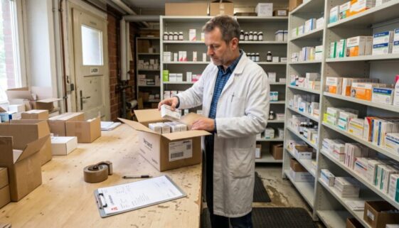 Mitarbeiter in Apothekenkittel packt Medikamentenpackungen im Lager in Versandkarton