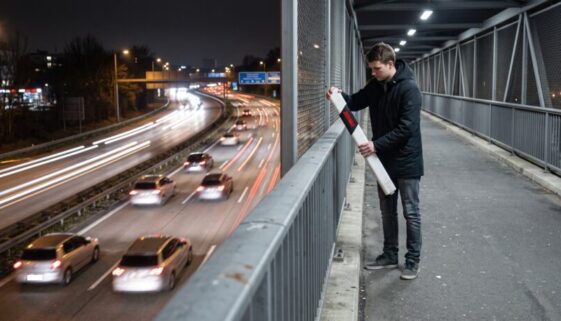 Junger Mann hält nachts auf einer Autobahnbrücke einen Leitpfosten über das Geländer
