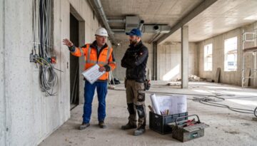 Bauleiter mit Helm weist Monteur an Rohbauwand mit Elektroleitungen ein