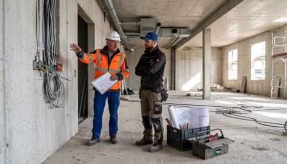 Bauleiter mit Helm weist Monteur an Rohbauwand mit Elektroleitungen ein