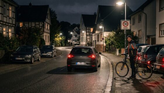 Dunkles Auto ohne Licht auf nächtlicher Wohnstraße, Radfahrer am Rand, Tempo-30-Schild