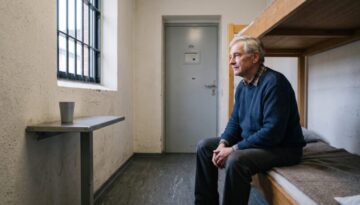 Älterer Mann sitzt auf Holzliege im kargen Haftraum und blickt zu vergittertem Fenster