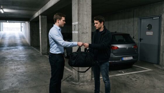 Junger Mann in Businesshemd übergibt in Tiefgarage schwarze Reisetasche an zweiten Mann