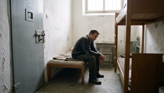 Mann sitzt auf Holzpritsche in kargem Haftraum neben geschlossener grauer Zellentür