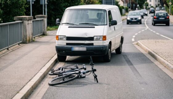 Umgestürztes Pedelec vor weißem Transporter an Parkplatzausfahrt mit Bremsspuren