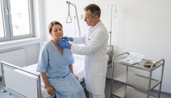 Arzt tastet Nacken sitzender Patientin im Krankenhauszimmer neben sterilem Punktionswagen ab