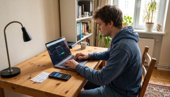 Junger Mann am Schreibtisch bestätigt per Laptop eine Transaktion, Smartphone mit Nachricht daneben