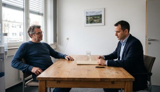 Mandant und Verteidiger sitzen distanziert am Holztisch, Aktenmappe liegt unberührt dazwischen