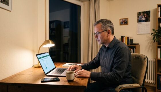 Mann mittleren Alters bestätigt abends am Schreibtisch eine Überweisung am Rechner