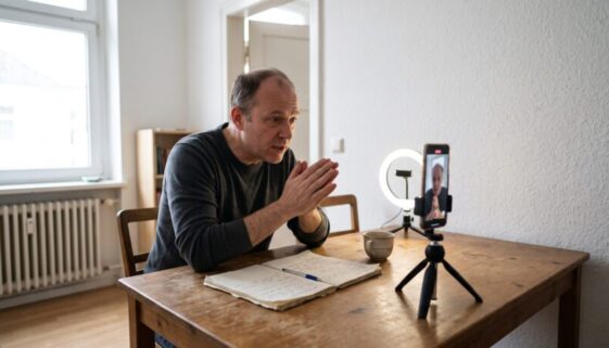 Mann spricht mit bittender Geste am Holztisch in ein Smartphone auf Stativ