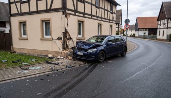 Zerstörtes dunkles Auto an Hausecke in Kurve mit Schleuderspuren und Tempo-50-Schild