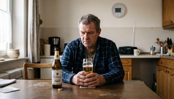 Mann umklammert angespannt Bierglas am Holztisch, offene Flasche daneben in Wohnküche