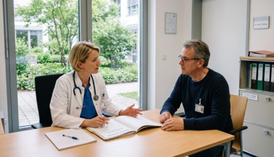 Betreuer und Ärztin sprechen in hellem Klinikbüro über Patientenakte am Schreibtisch