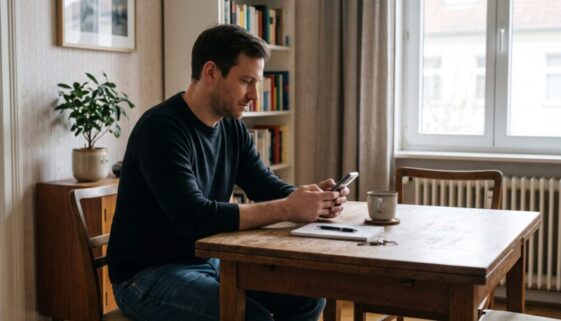Mann am Holztisch im Wohnzimmer leitet am Handy eine Bildnachricht weiter