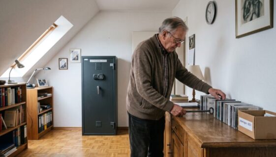Älterer Mann legt Waffenschrankschlüssel hinter CD-Hüllen auf Sideboard neben Waffenschrank